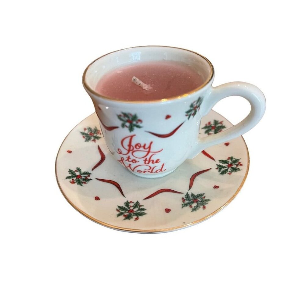 Dicksons Joy to the World Holly Ribbon Christmas Cup & Saucer Candle